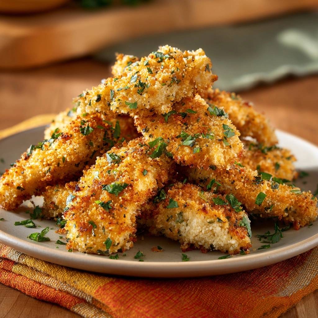 Crispy parsley chicken tenders plated and shown in a close-up view, highlighting their golden breading and fresh herb garnish.