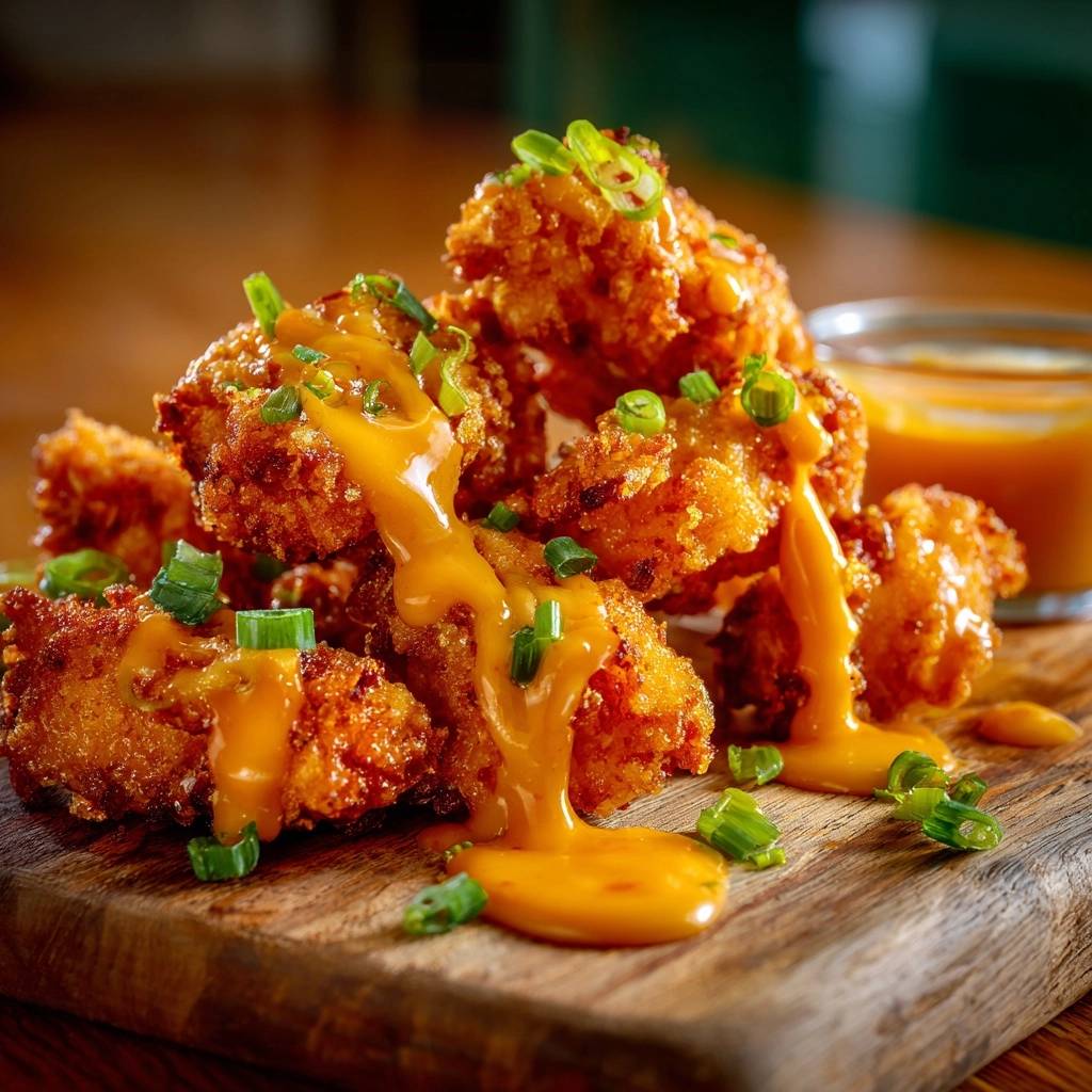 Crispy popcorn chicken with cheese sauce drizzled over the top, garnished with chopped green onions.