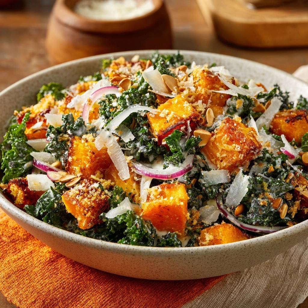Crispy roasted butternut squash kale salad with red onion and parmesan in a close-up bowl view.