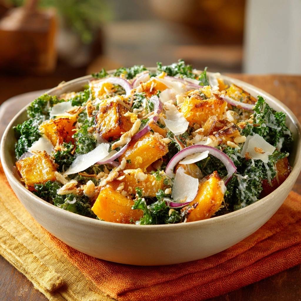 Crispy roasted butternut squash kale salad with red onion and shaved parmesan served in a bowl.