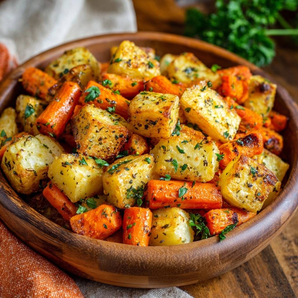 Crispy roasted potatoes and carrots in a wooden bowl, sprinkled with fresh parsley garnish.