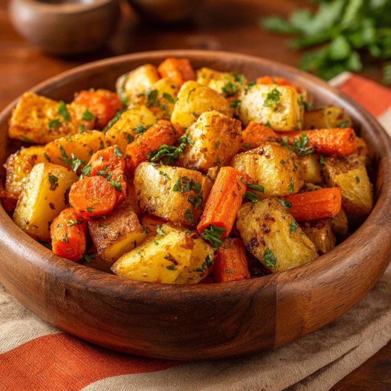 Crispy roasted potatoes and carrots served in a wooden bowl, close-up view with fresh parsley garnish.