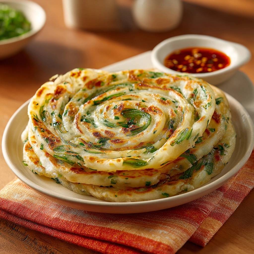 Crispy scallion pancakes are stacked and show their beautiful flaky layers in a swirl pattern on a plate.