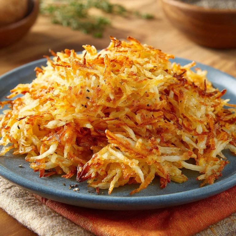 Crispy shredded hash browns piled high on a blue plate, showcasing their golden-brown texture and seasoned finish.