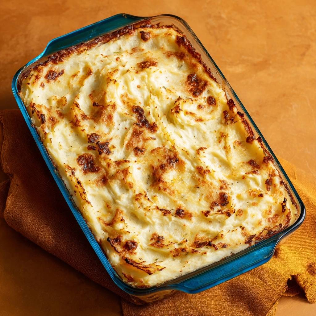 Crispy-topped mashed potatoes in a glass baking dish, showing a golden brown crust and creamy interior texture.