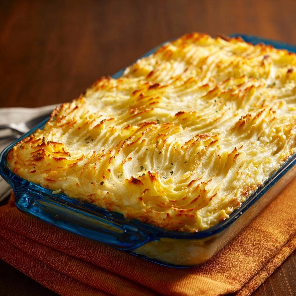 Crispy-topped mashed potatoes with a golden, textured surface shown in a blue baking dish.