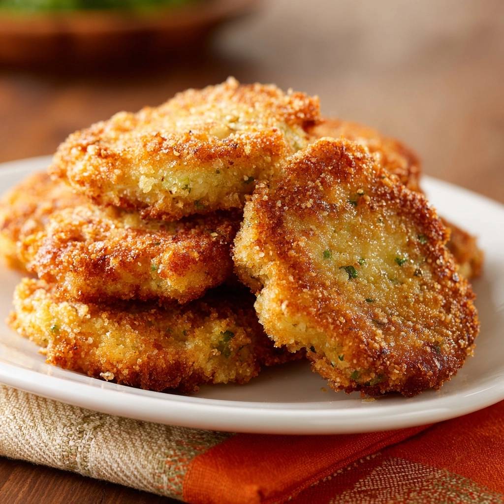 Crispy zucchini fritters presented in a close-up stack on a white plate with a textured napkin.