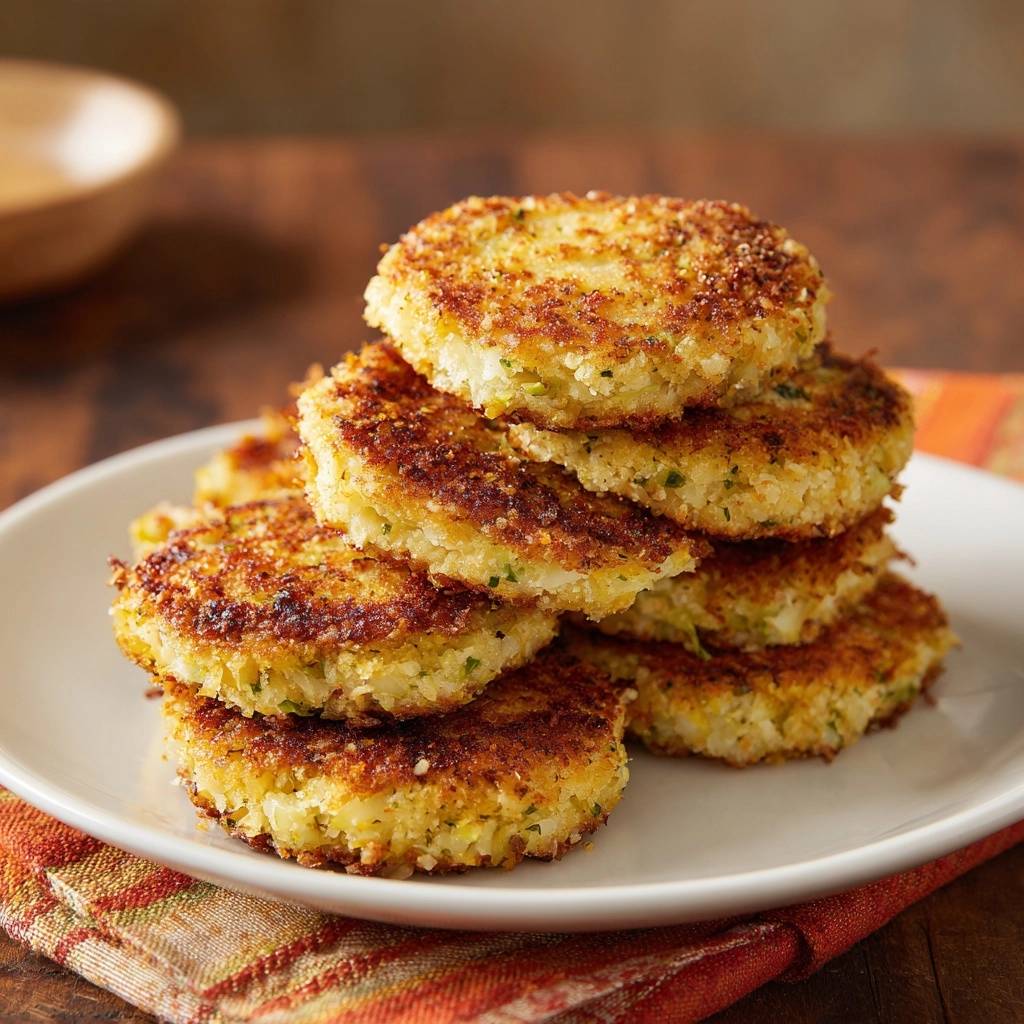 Crispy zucchini fritters stacked on a white plate, showcasing their golden-brown, breaded exterior.