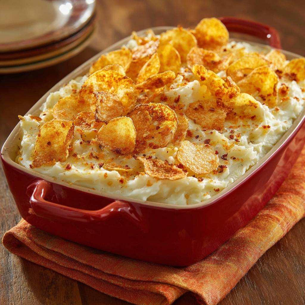 Crunchy chip-topped mashed potato casserole with potato chips and red pepper flakes on top in a red baking dish.