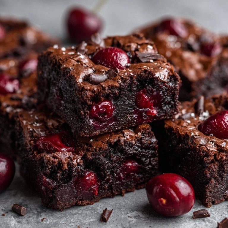 Dark chocolate cherry brownies cross-section showing fudgy interior with whole cherries and chocolate chunks.