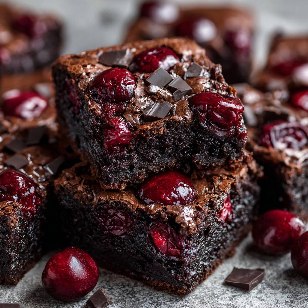 Dark chocolate cherry brownies stacked and presented in a close-up view, showcasing the rich texture and fruit inclusions.