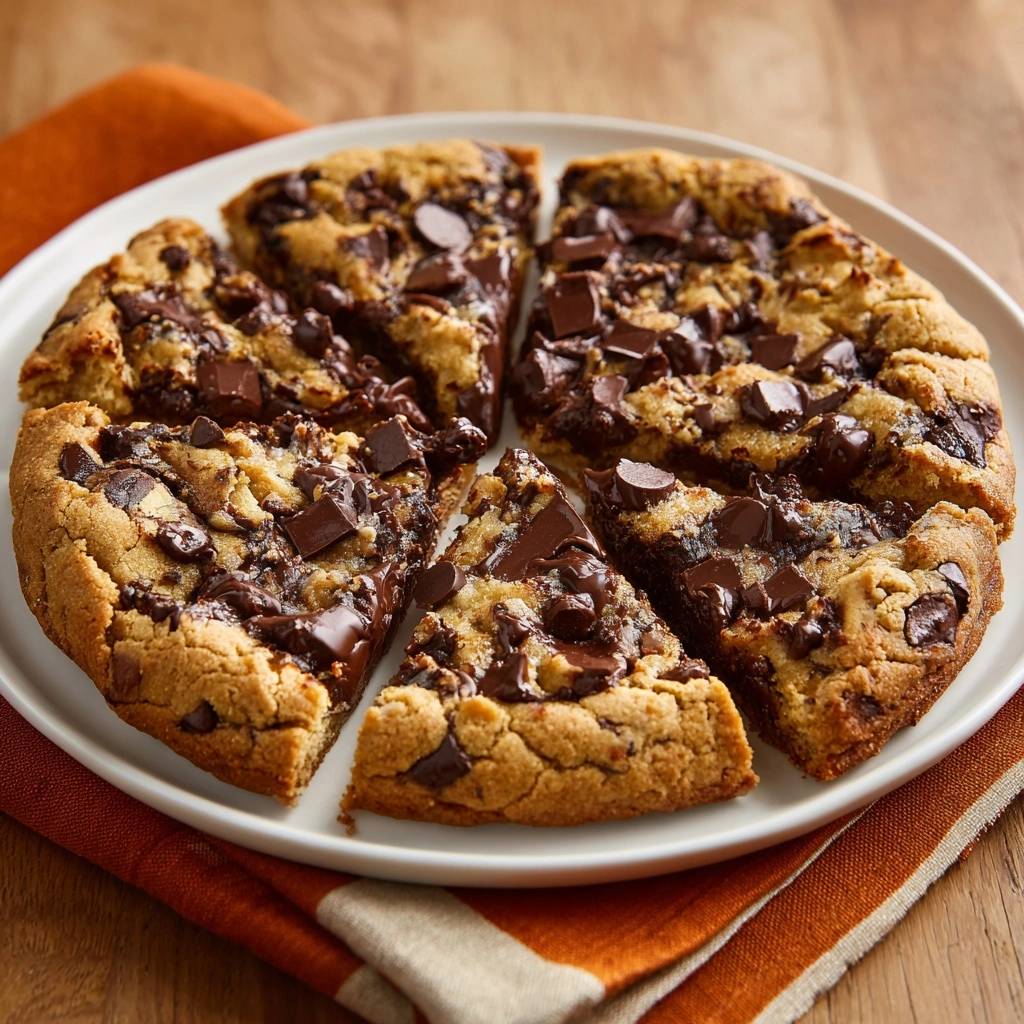 Deep dish chocolate chunk cookie cake sliced into wedges on a white plate, showcasing its rich, gooey interior.