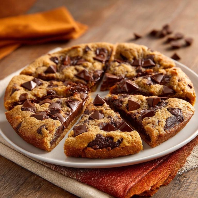 Deep dish chocolate chunk cookie cake sliced to reveal its rich, gooey interior filled with melted chocolate chunks.