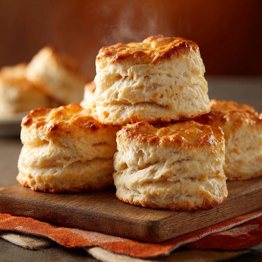 Flaky buttermilk biscuits in a steaming stack on a wooden cutting board with an orange napkin.