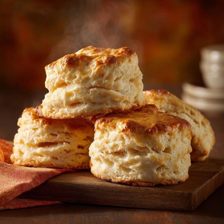 Flaky buttermilk biscuits in a steaming stack, showcasing their tall, layered texture on a wooden board.