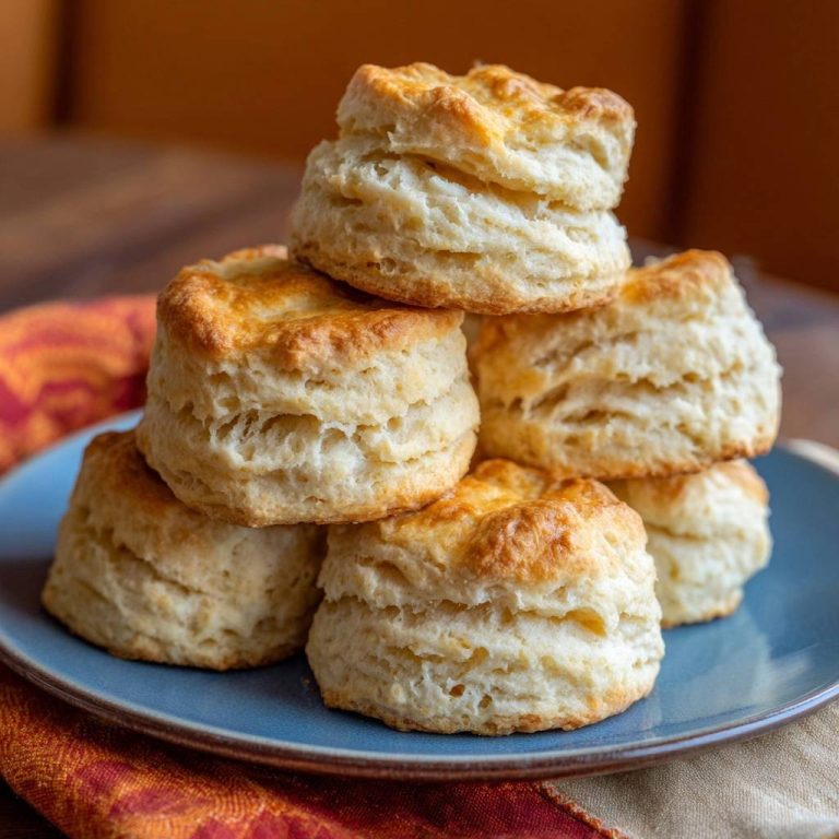 Flaky Southern Biscuits in a tall stack on a blue plate, showcasing their golden-brown tops and layered texture.