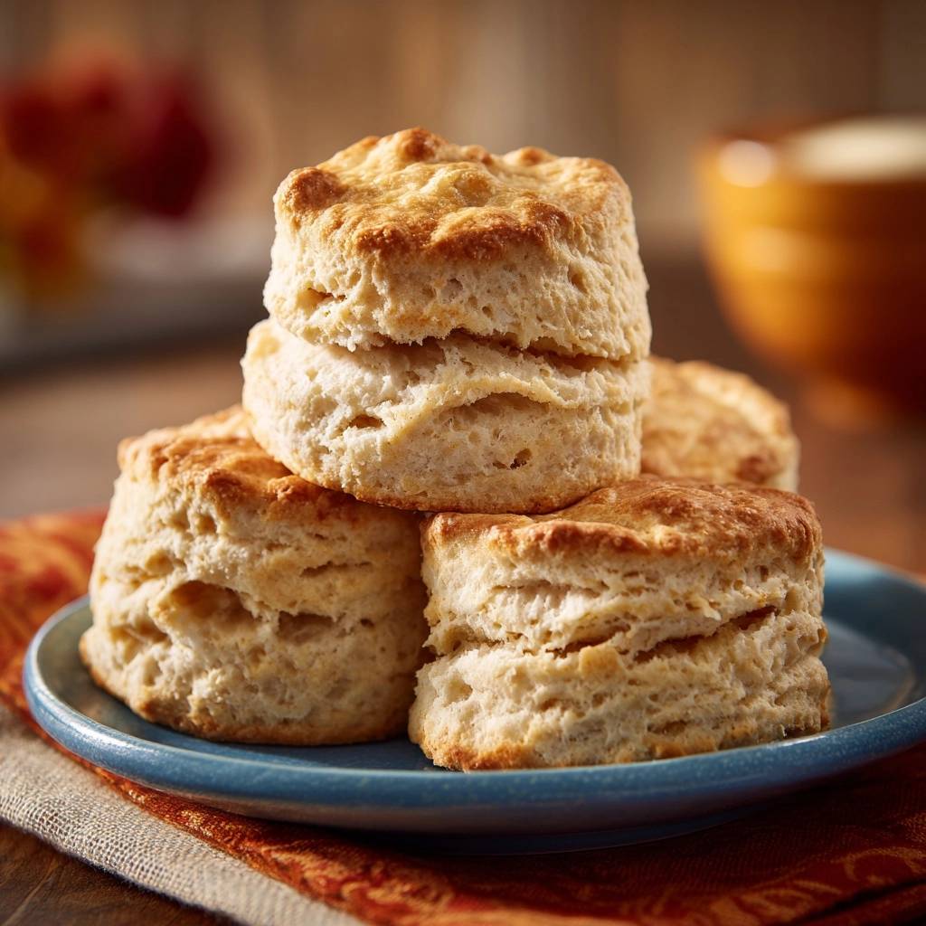 Flaky Southern Biscuits showing tall layers stacked on a blue plate with a textured napkin.