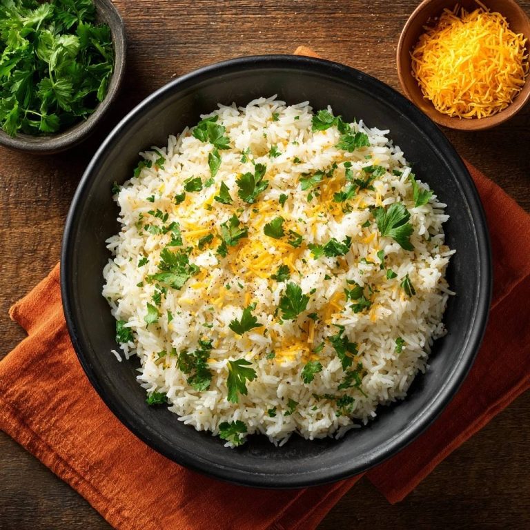 Fluffy cheddar herb rice in a black bowl, garnished with parsley and served with shredded cheddar on the side.