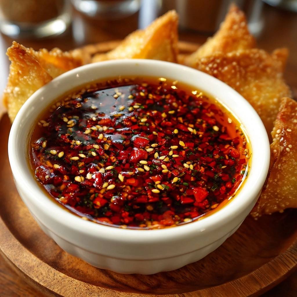 Crispy golden fried wontons surround a white bowl filled with spicy chili oil dipping sauce, showing a close-up detail of the flecks within the sauce.