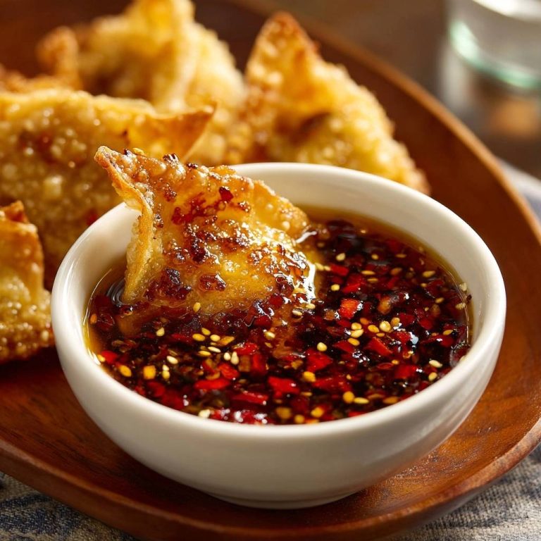 Fried wontons being dipped into a chili garlic dipping sauce with sesame seeds, showcasing the texture.
