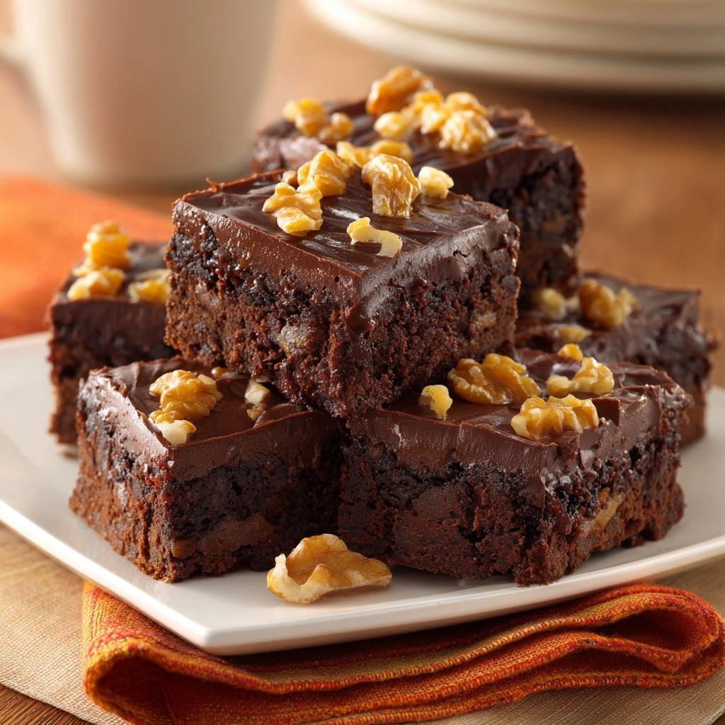 Frosted chocolate walnut cake in stacked pieces, topped with walnuts and rich chocolate frosting.