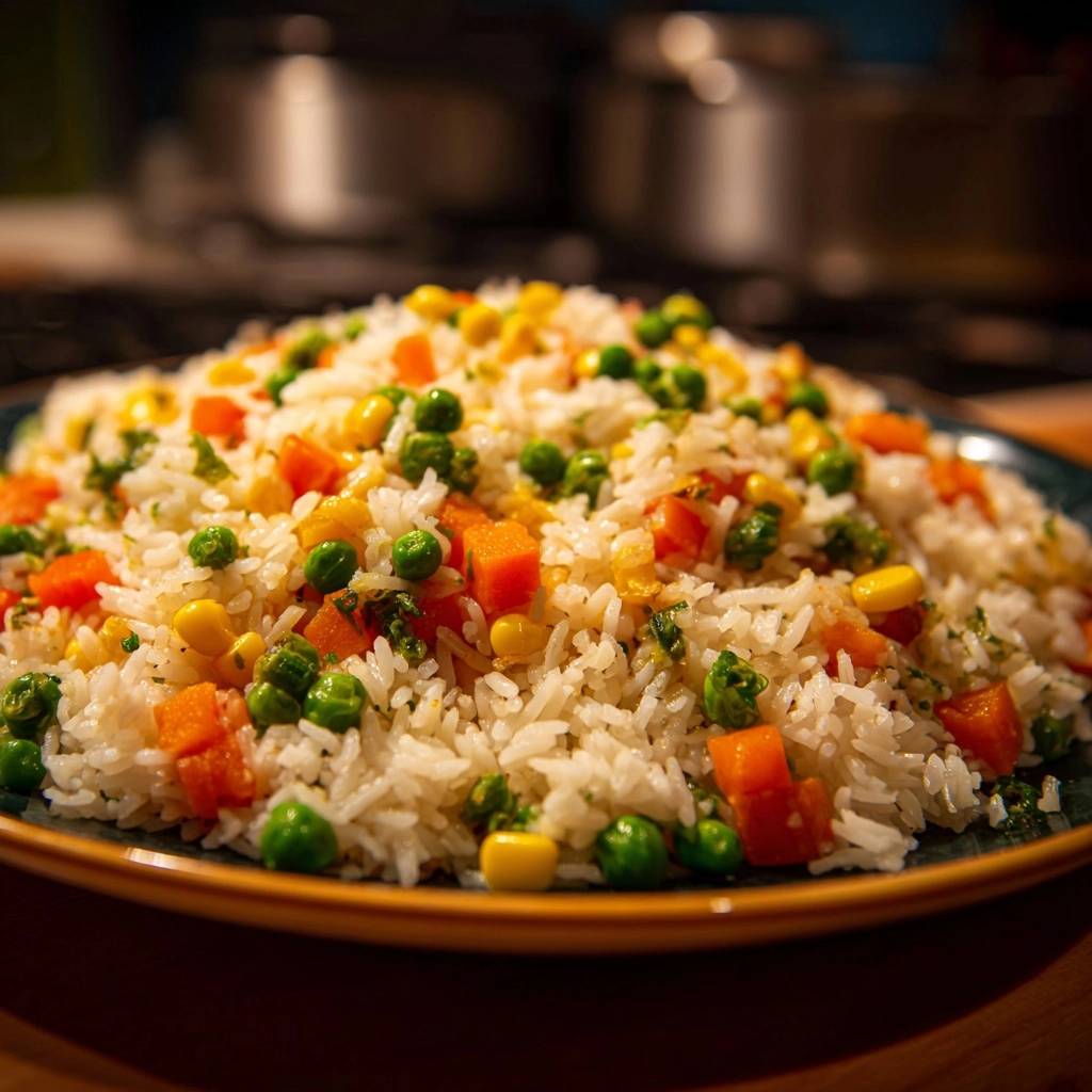 Garden vegetable rice pilaf served on a plate, showcasing a close-up view of fluffy rice with peas, carrots, and corn.