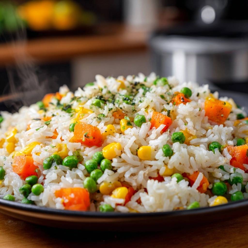 Garden vegetable rice pilaf steaming in a bowl, showcasing fluffy grains with peas and carrots.