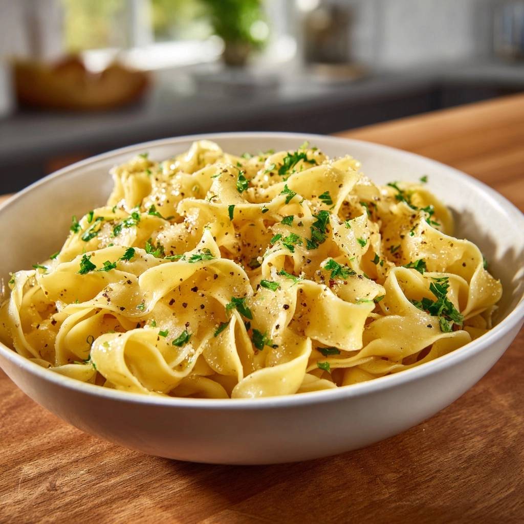 Garlic butter egg noodles in a white bowl, garnished with parsley and pepper, showcasing the silky emulsion technique.