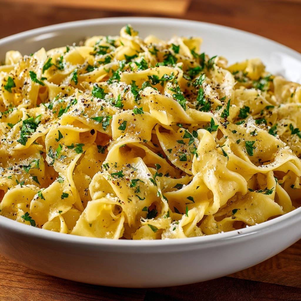 Garlic butter egg noodles with fresh parsley and cracked pepper, presented in a white bowl with a close-up view.