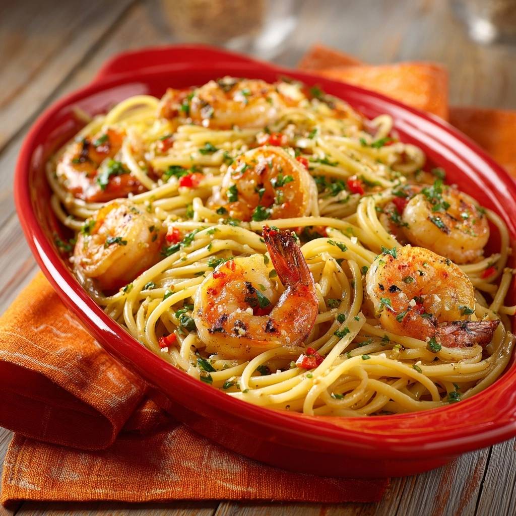 Garlic butter shrimp linguine served in a red dish, showcasing plump shrimp and fresh parsley garnish.