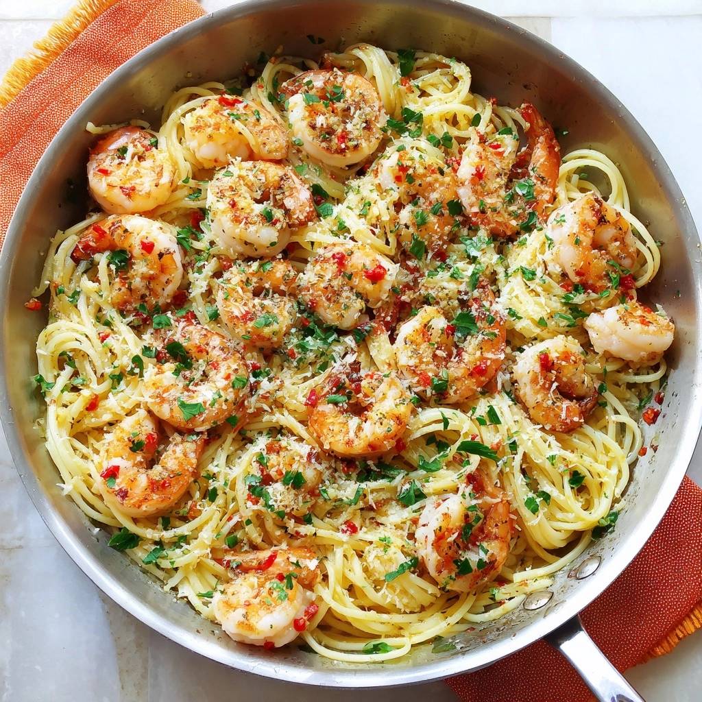 Garlic butter shrimp pasta served in a stainless steel skillet, showcasing plump shrimp and spaghetti in an overhead view.