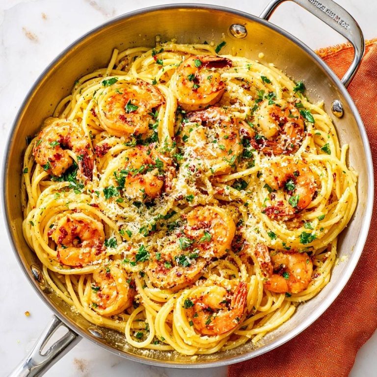 Garlic butter shrimp pasta served in a skillet, showcasing tender shrimp and pasta with fresh parsley and grated cheese.