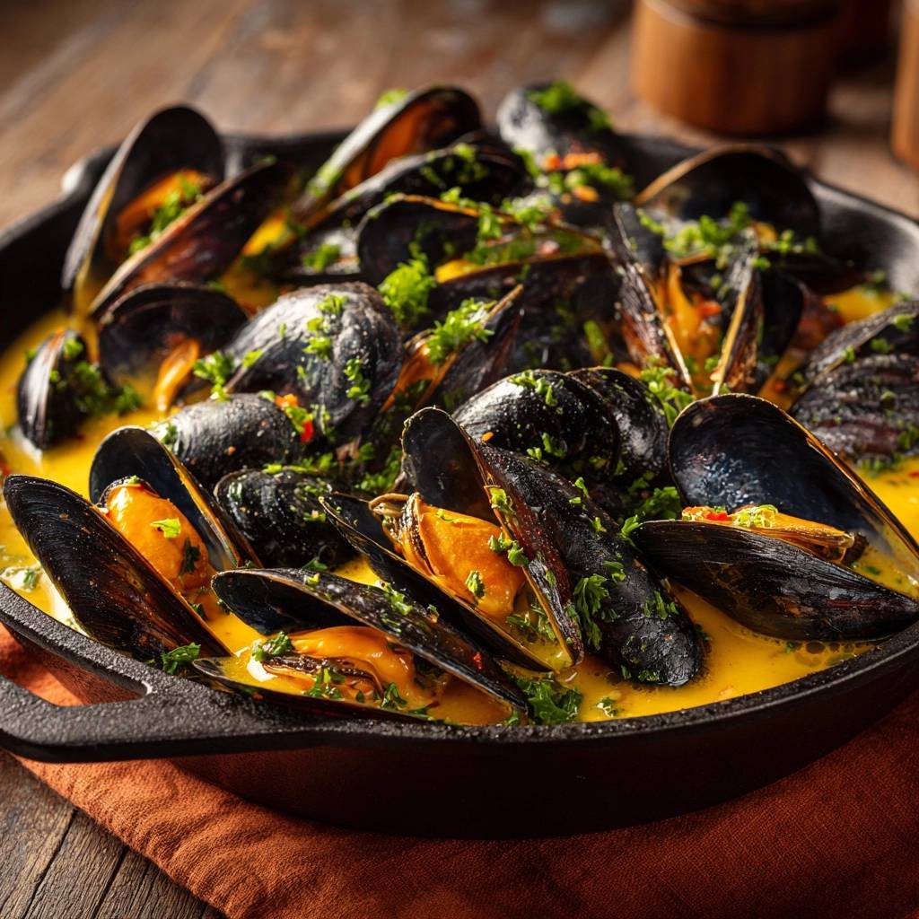 Garlic butter skillet mussels served in a cast iron pan, glistening with sauce and garnished with parsley.