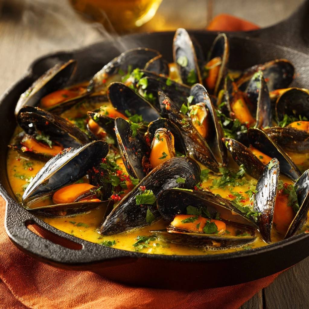 Garlic butter skillet mussels steaming in a cast iron pan, garnished with parsley and red pepper flakes.