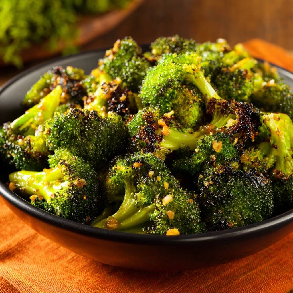 Garlic charred roasted broccoli in a black bowl, showcasing the detailed texture of the charred florets and garlic bits.