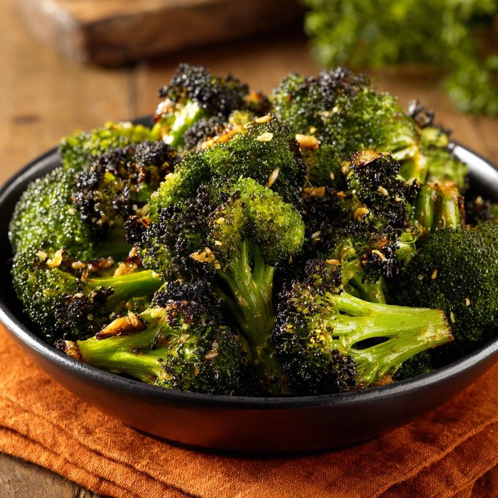 Garlic charred roasted broccoli shown in a black bowl on an orange napkin, with a close-up view of the textured florets.