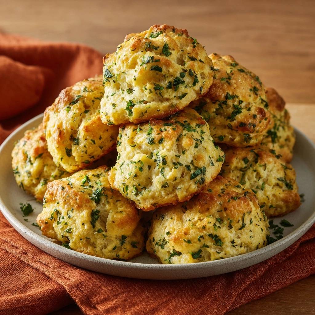 Garlic herb cheddar biscuits stacked on a plate, showcasing their golden-brown tops and flecks of parsley.