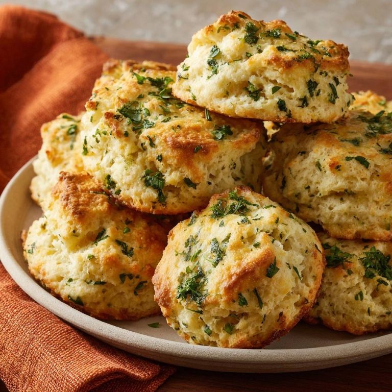 Garlic herb cheddar biscuits stacked on a plate, showcasing their golden-brown tops and fresh parsley garnish.
