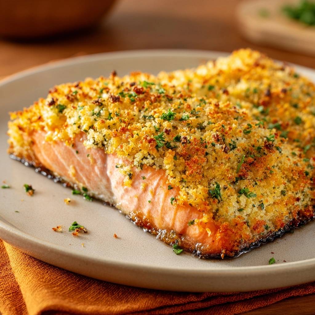 Garlic herb crusted salmon plated close-up showing the golden topping and flaky fish.
