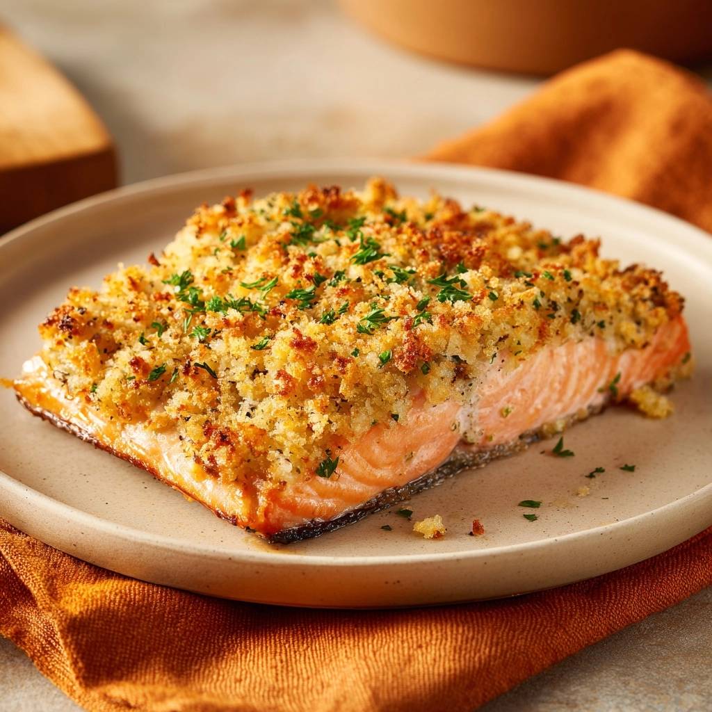 Garlic herb crusted salmon served on a plate, showcasing a golden brown crust and moist interior from a side view.