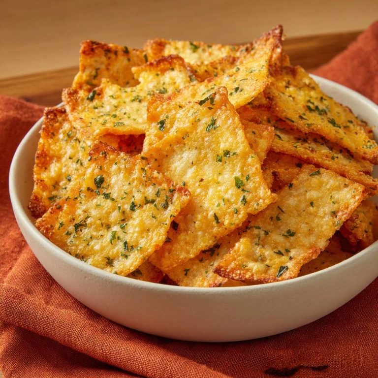Garlic herb parmesan crisps presented in a white bowl, showcasing their golden-brown texture and fresh herb garnish.