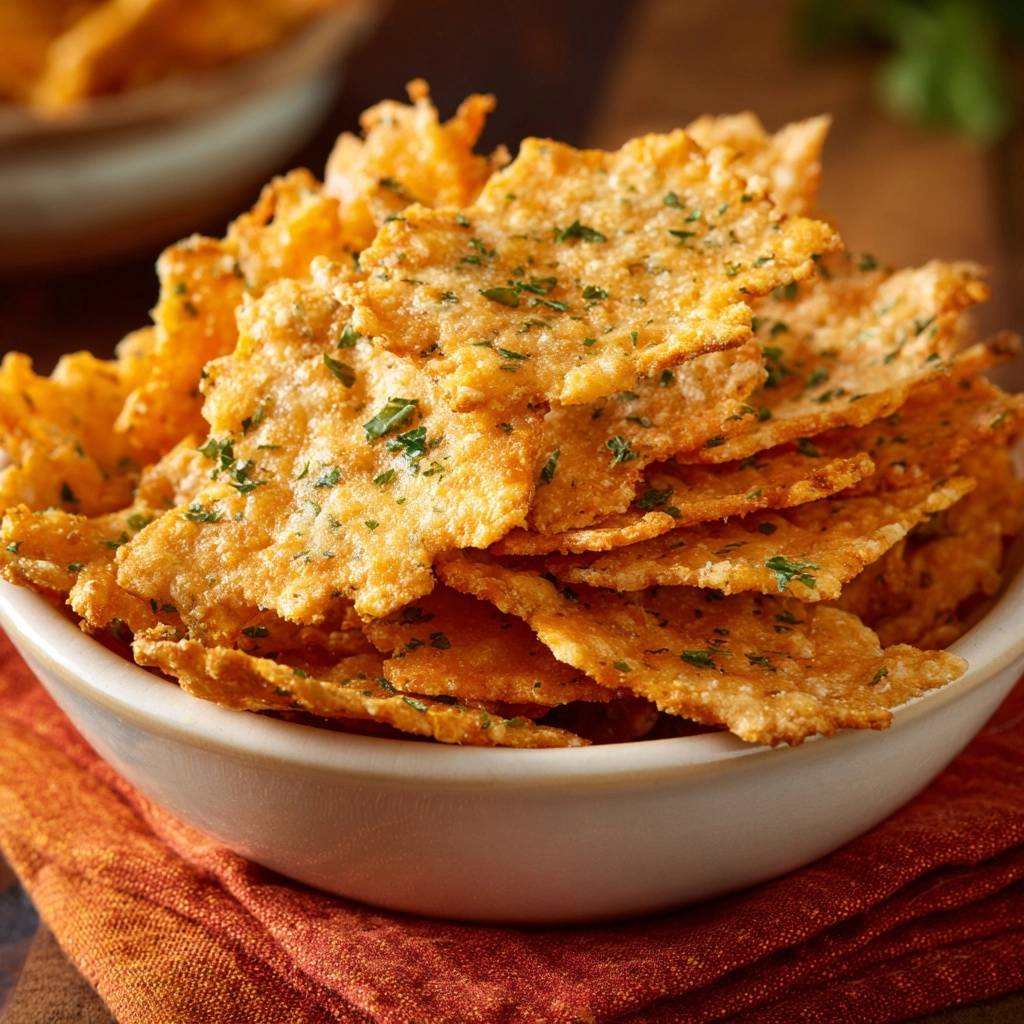 Garlic herb parmesan crisps piled high in a white bowl, sprinkled with fresh parsley garnish.