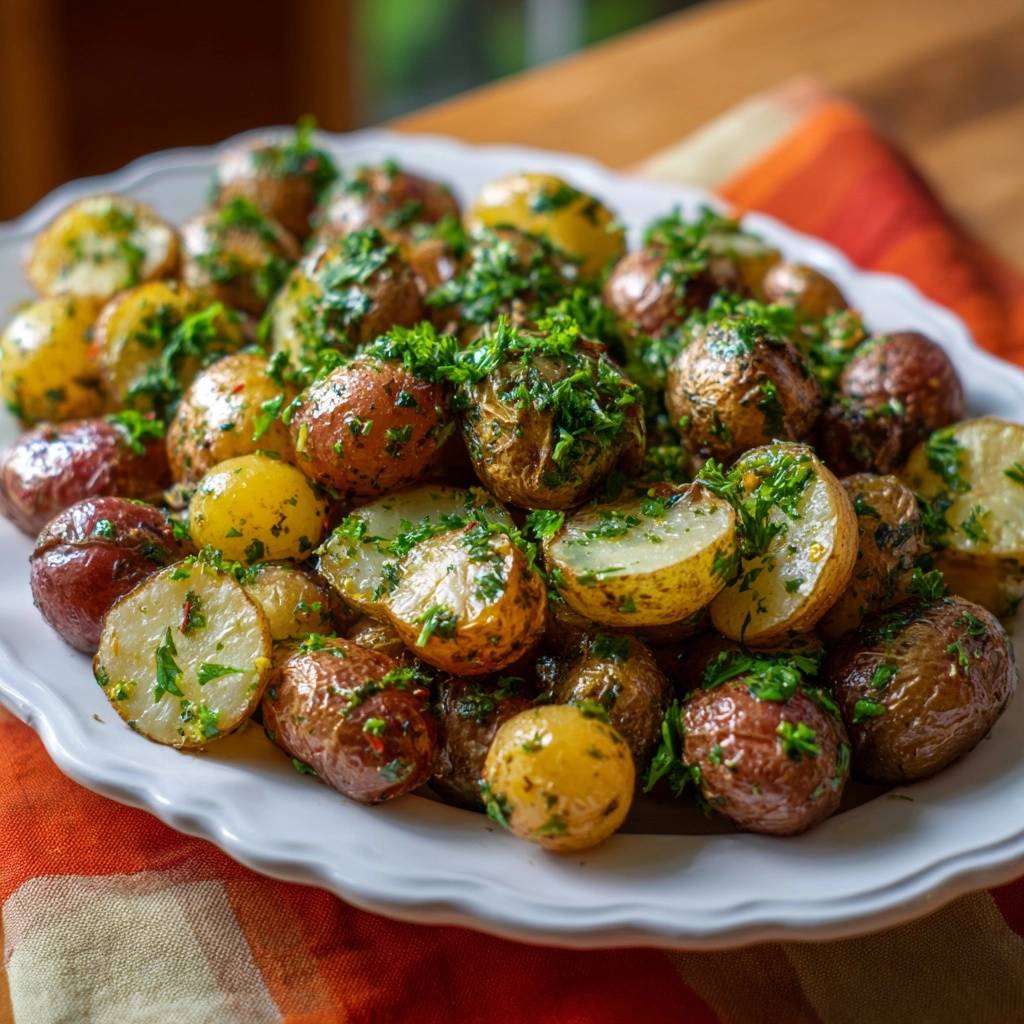 Garlic herb roasted baby potatoes showing a close-up cross-section of tender interiors.