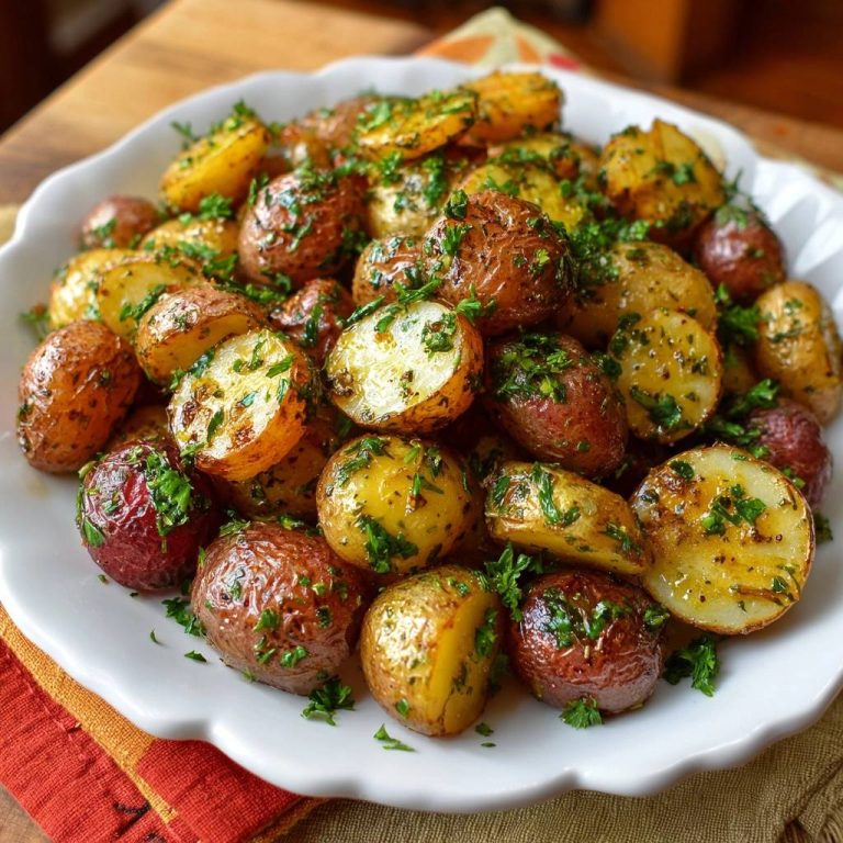 Garlic herb roasted baby potatoes shown in a close-up view, generously garnished with fresh parsley.