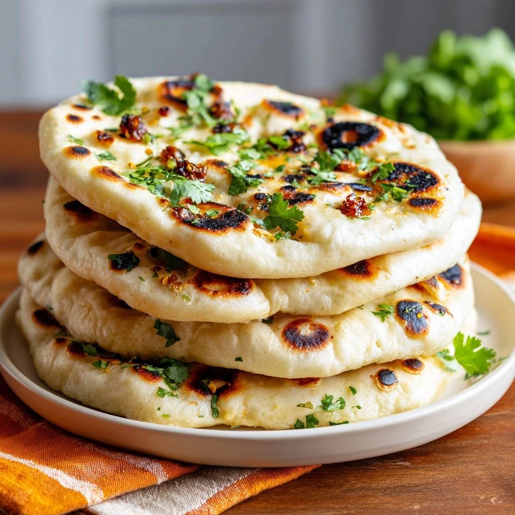 Garlic naan stacked high on a plate, generously garnished with fresh cilantro and chili flakes.