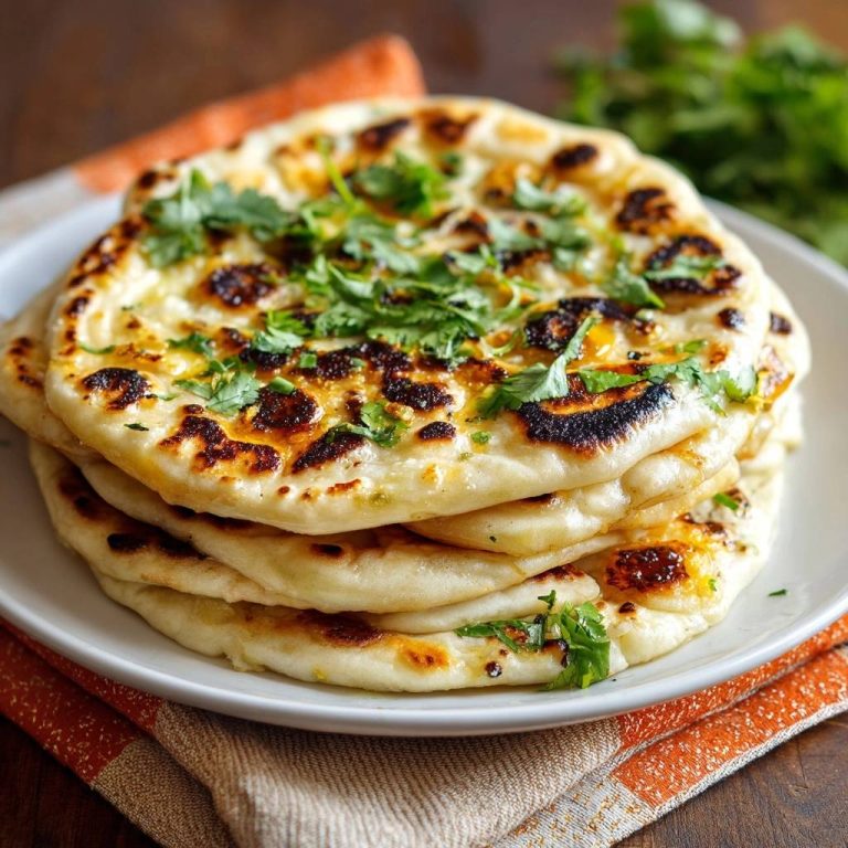 Garlic naan stacked high on a white plate, garnished with fresh cilantro and showing visible stovetop blisters.