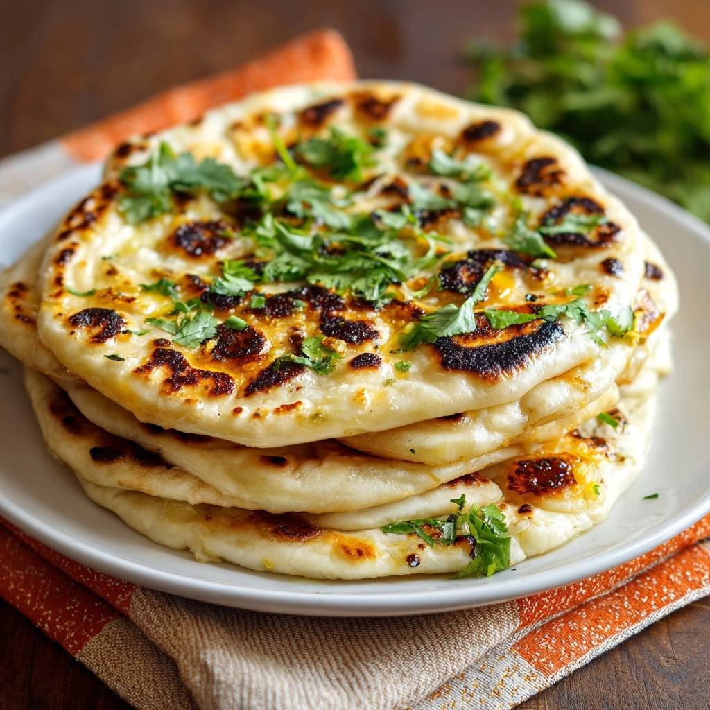 Garlic naan stacked high on a white plate, garnished with fresh cilantro and showing visible stovetop blisters.