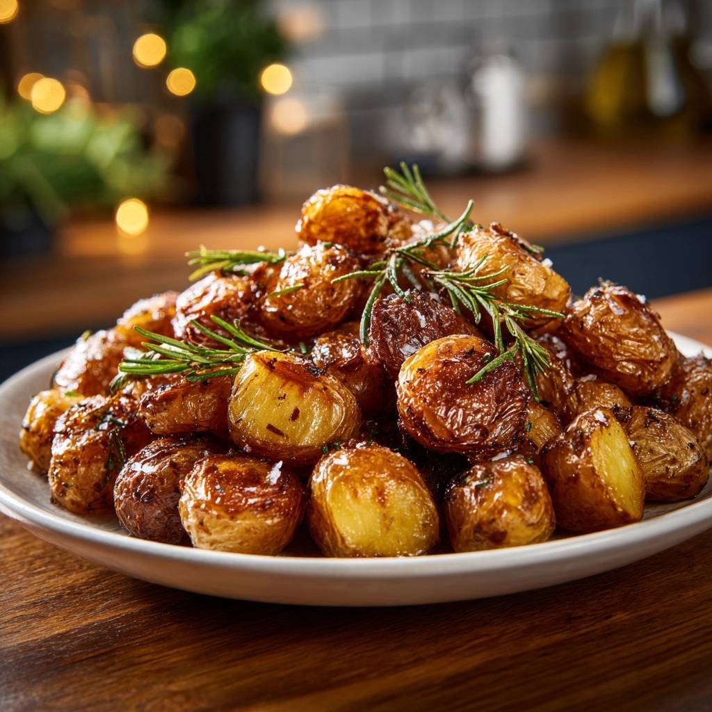 Garlic rosemary roasted potatoes pile garnished with fresh rosemary sprigs on a white plate.