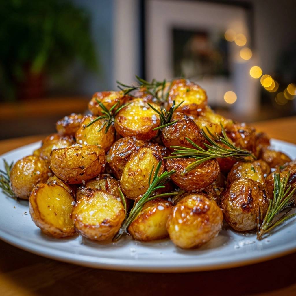 Garlic rosemary roasted potatoes piled high on a white plate, garnished with fresh rosemary sprigs and sea salt.