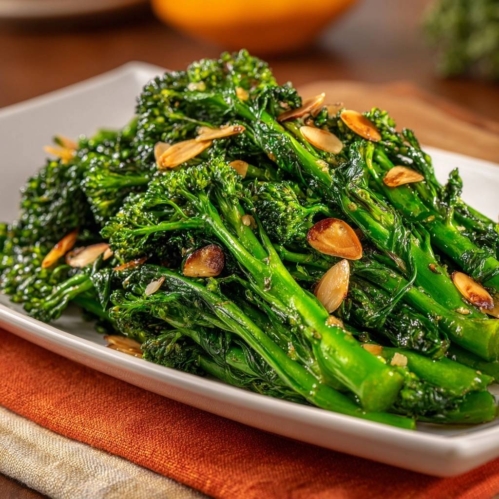 Garlicky broccolini with toasted almonds shown in a close-up view on a white plate with an orange napkin.